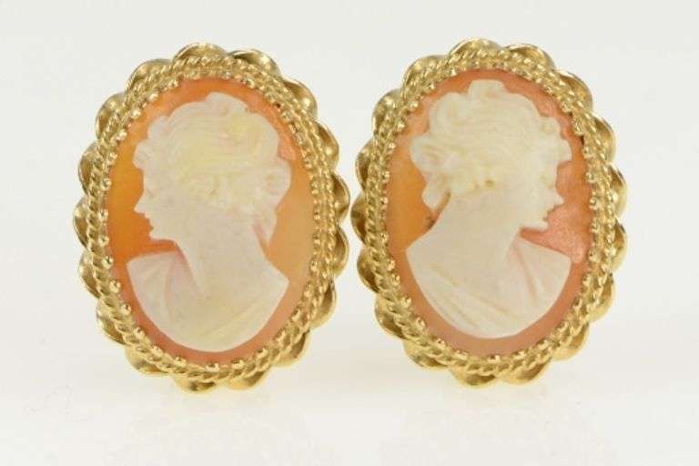 14K Yellow Gold Ornate Vintage Carved Shell Cameo Clip Back Earrings