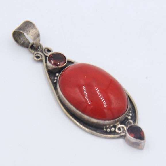 Lot of 925 Sterling Silver Coral Pendant and Coral Dangle Earrings