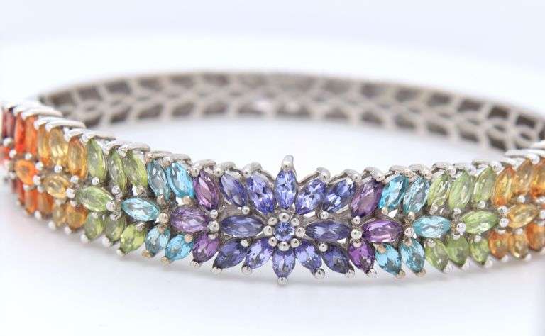925 Sterling Silver Multi Color Cubic ZirconiaFlower Style Bangle