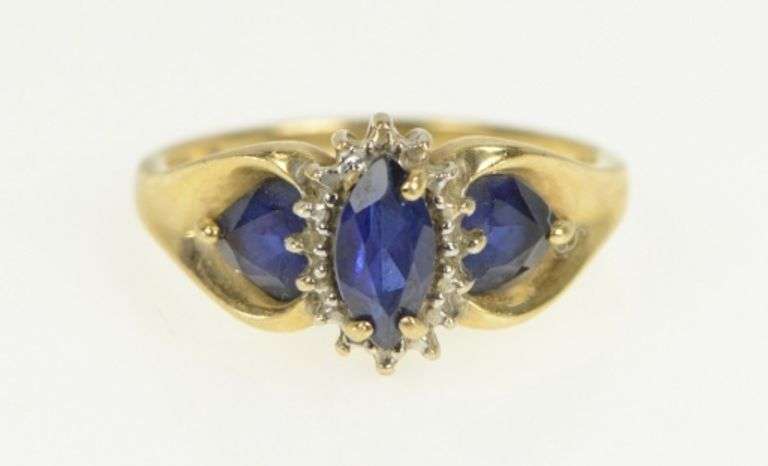 10K Yellow Gold Syn. Marquise Sapphire Diamond Halo Statement Ring