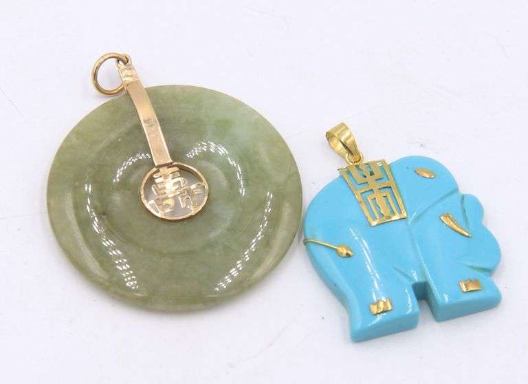 Lot of 2 Green Jade and Turquoise Pendants