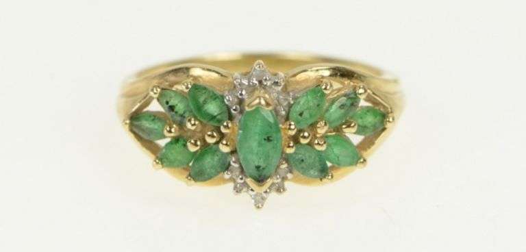 10K Yellow Gold Marquise Emerald Retro Cluster Statement Ring