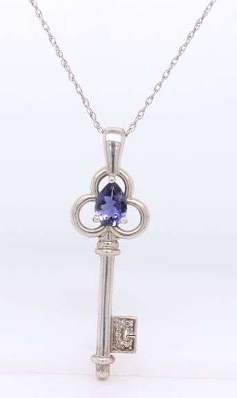 925 Sterling Silver Blue Cubic Zirconia Key Pendant on Chain