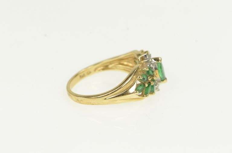 10K Yellow Gold Marquise Emerald Retro Cluster Statement Ring