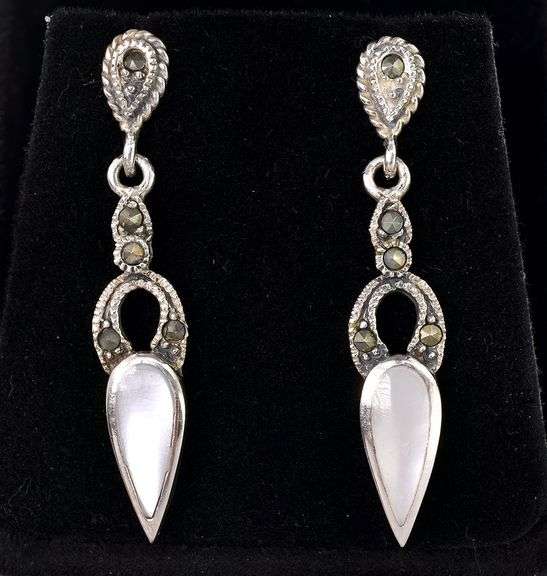 Mother of Pearl and Marcasite Gem Earrings In Sterling Silver