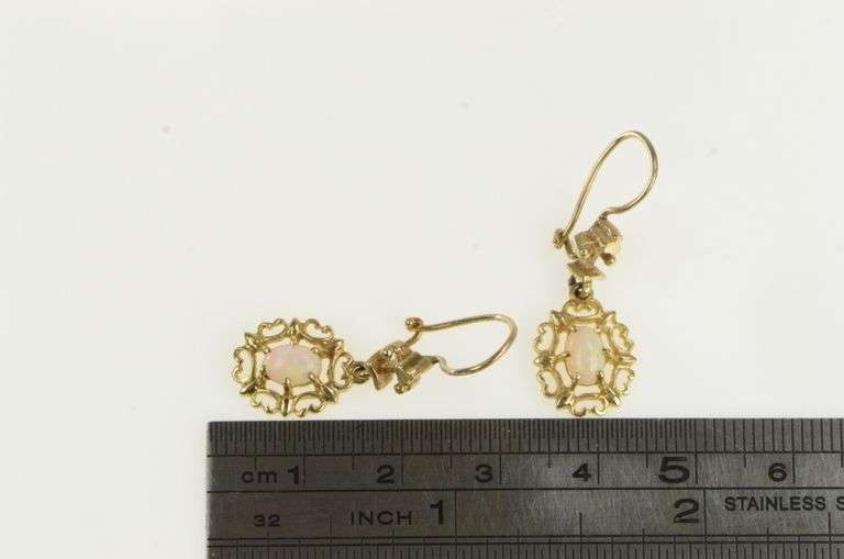14K Yellow Gold Oval Natural Opal Retro Filigree Dangle Earrings