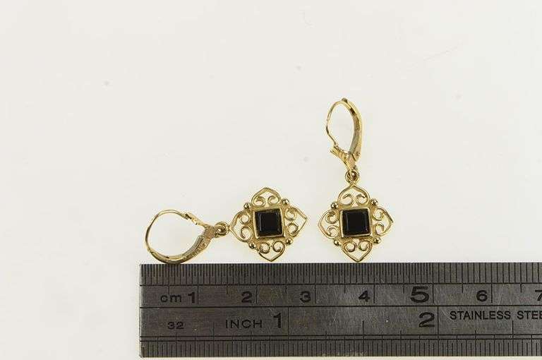 14K Yellow Gold Black Onyx Vintage Squared Filigree Dangle Earrings