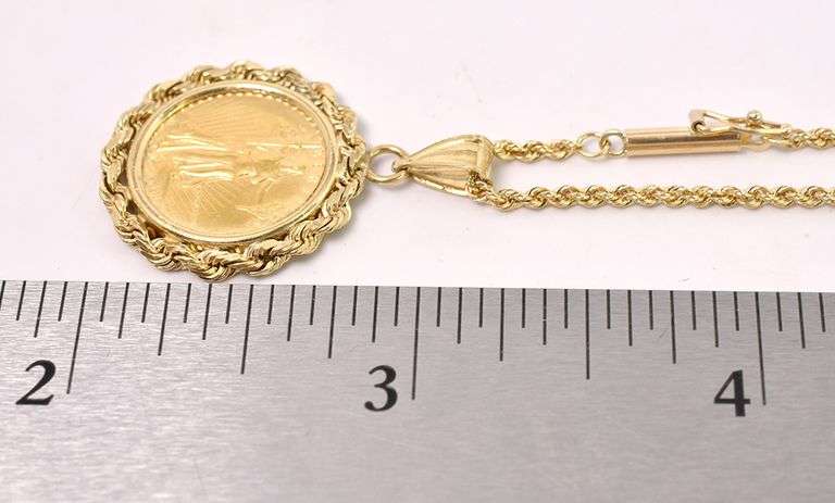 Marvelous 1/10 Oz 1987 Walking Liberty Gold Coin Pendant Necklace In 14K Yellow Gold