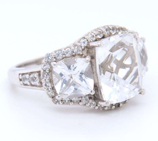 925 Sterling Silver Three Stone White Topaz Cushion Cut Ring