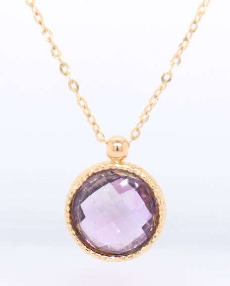 Charming Yellow Gold Round Checkerd Amethyst Pendant on Chain
