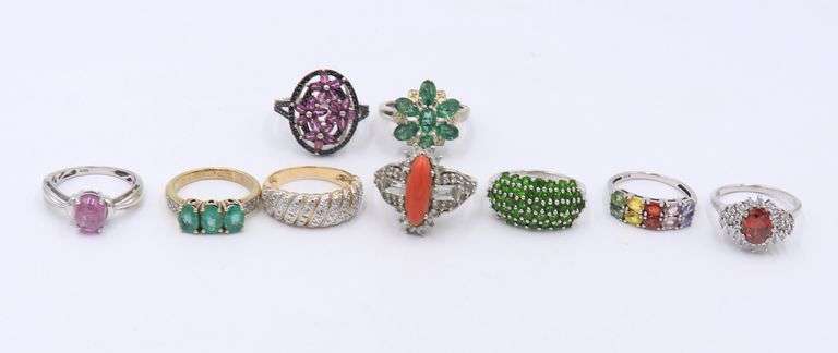 Group Lot of Vintage 925 Sterling Silver CZ and Gemstone Rings