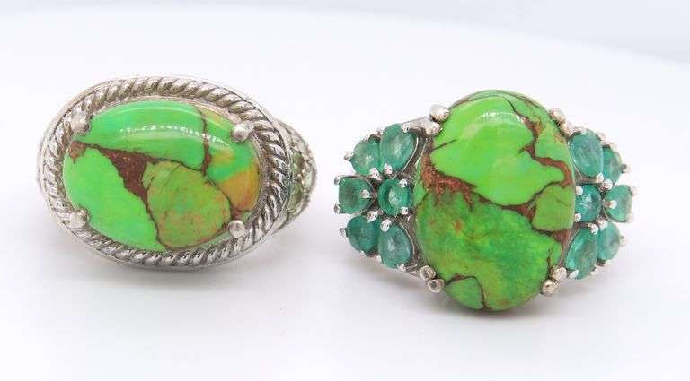 Group Lot of 2 Vintage 925 Sterling Silver Green Mojave Turquoise Rings