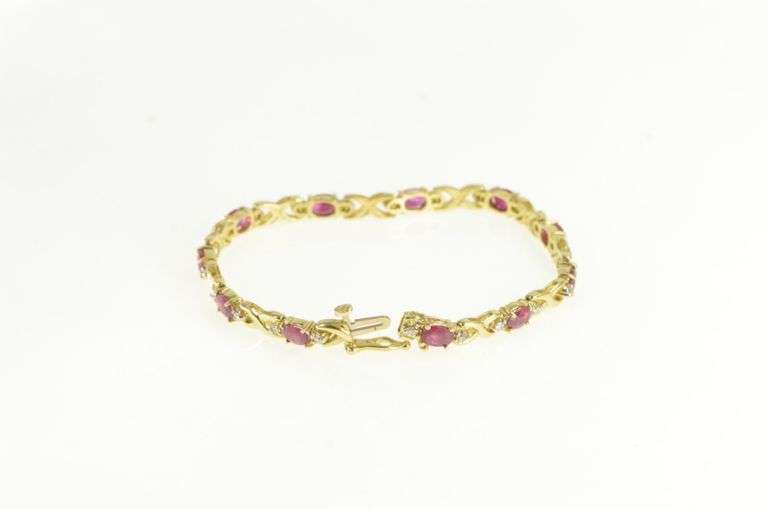 14K Yellow Gold 6.50 Ctw Oval Ruby Diamond Vintage Tennis Bracelet