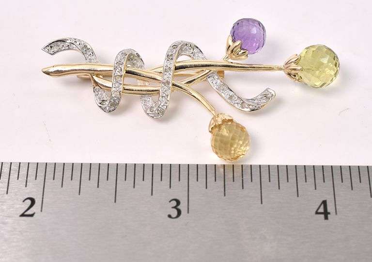Vibrant Multi-Gem And Diamond Pin In Yellow Gold