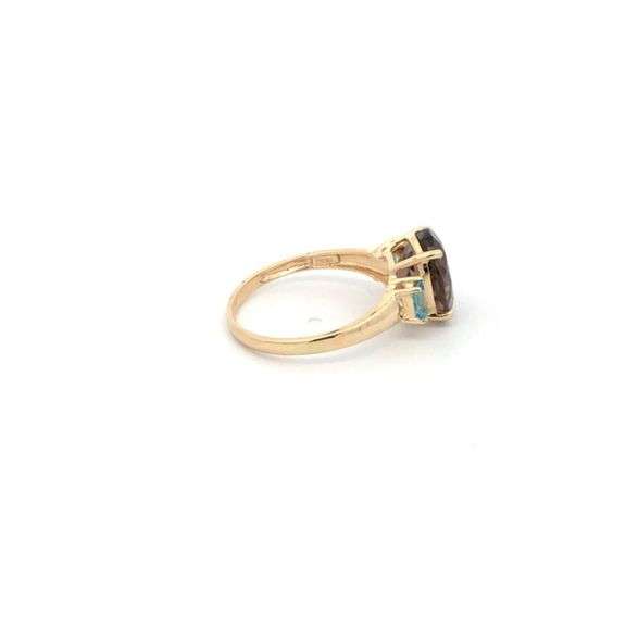 10K Yellow Gold Oval Smoky Quartz Blue Topaz Statement Ring