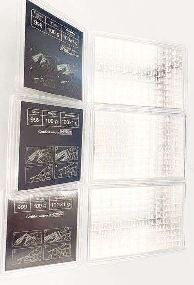 SET OF 3x - Valcambi 100x1 Gram Silver CombiBar with Assay Cards- 300.00 Grams of Silver Bars!