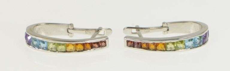 14K White Gold Rainbow Princess Oval Vintage Hoop Earrings