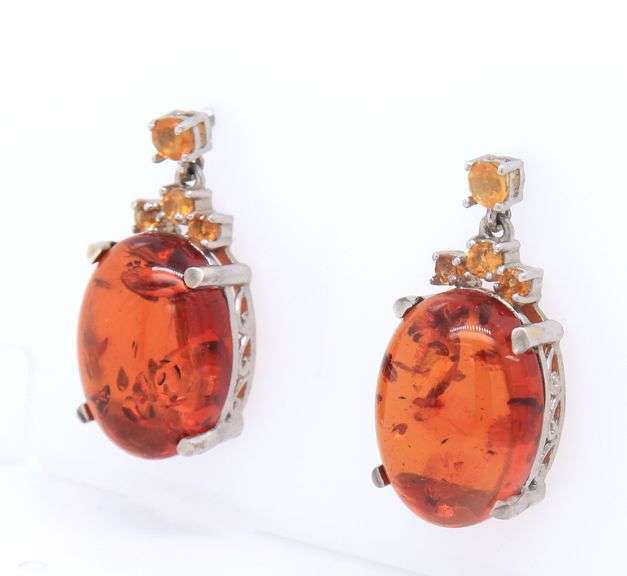 925 Sterling Silver Signed Amber Dangle Earrings