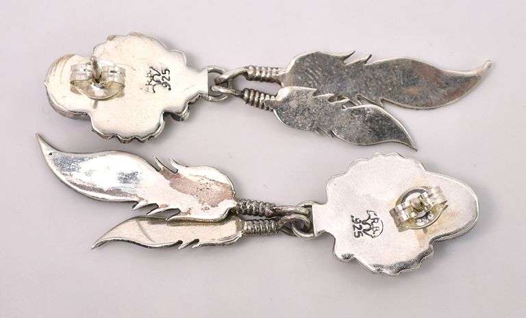 Native American Turquoise Feather Earrings In Sterling Silver