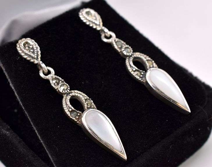 Mother of Pearl and Marcasite Gem Earrings In Sterling Silver