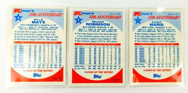 3 - 1987 Baseball Cards, Robinson, Mays, Maris