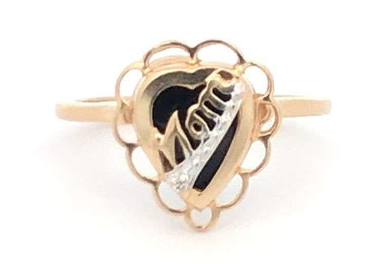 10K Yellow Gold Black Onyx Mom Scalloped Heart Retro Love Ring