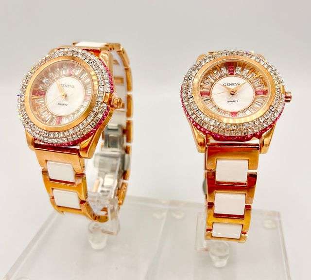 GROUP LOT OF 2x MATCHING CERAMIC & GEMSTONE WATCHES