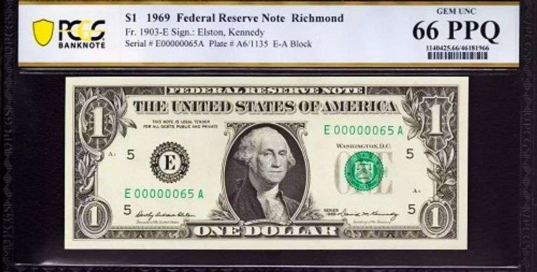 Superb Crisp 1969 $1 Note Richmond Scarce Two Digit Serial Number 00000065 PCGS 66 PPQ!