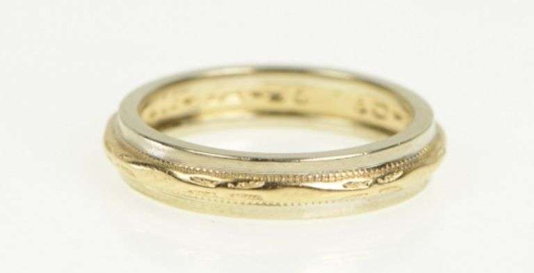 14K Yellow Gold 3.8mm Vintage Two Tone Wedding Band Ring