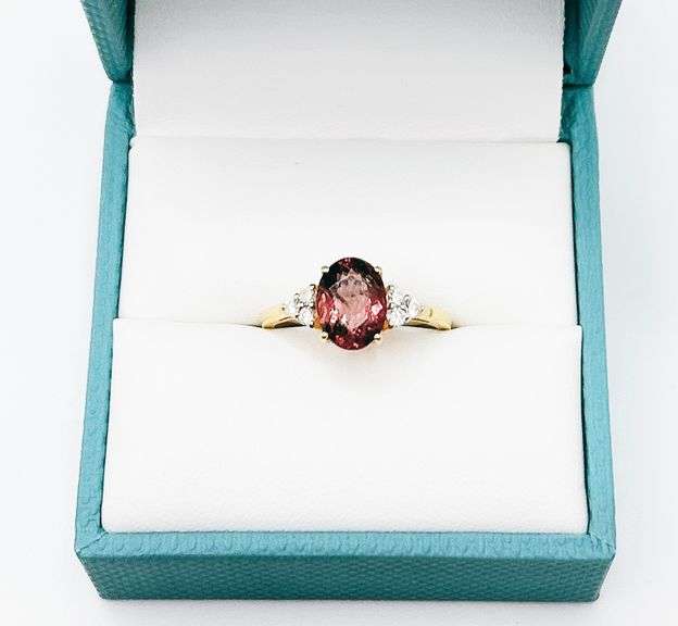 14KT SOLID YELLOW GOLD, PINK TOURMALINE, & DIAMOND COCKTAIL RING