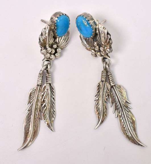 Native American Turquoise Feather Earrings In Sterling Silver