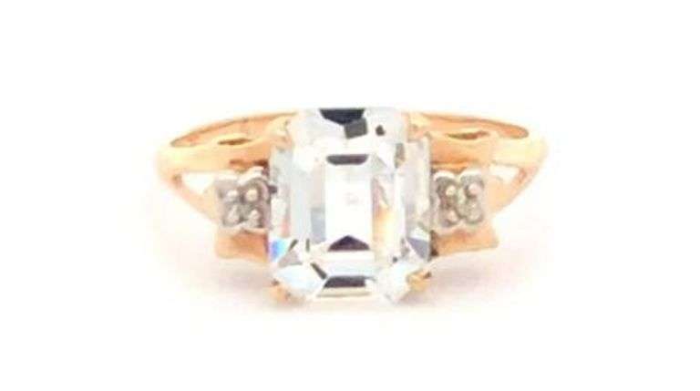 10K Yellow Gold 1940's Emerald Cut CZ Travel Engagement Ring