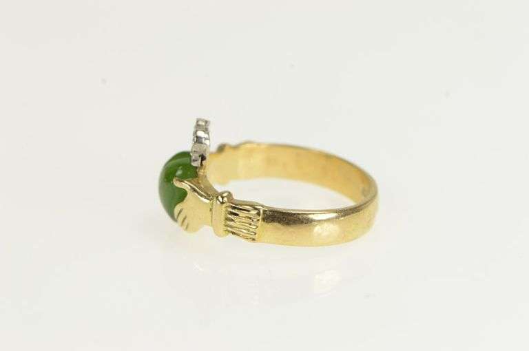 14K Yellow Gold Jade Diamond Claddagh Celtic Loyalty Ring