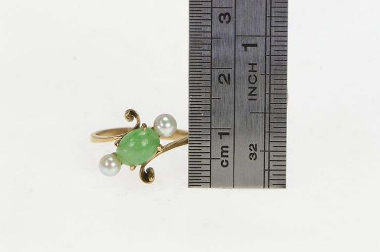 14K Yellow Gold Oval Jade Pearl Accent Vintage Bypass Ring