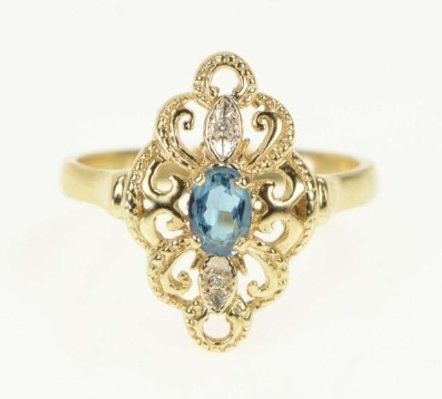 10K Yellow Gold Oval Blue Topaz Diamond Accent Cocktail Ring