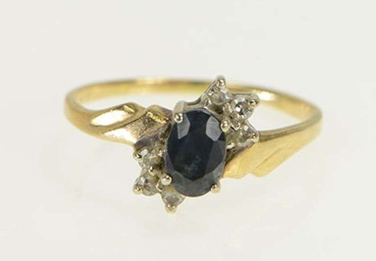 10K Yellow Gold Vintage Oval Sapphire Diamond Accent Bypass Ring