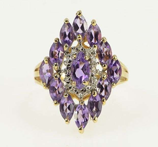 10K Yellow Gold Marquise Amethyst Diamond Cluster Statement Ring