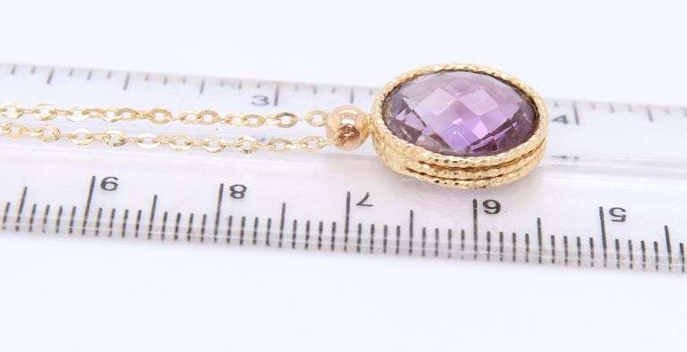 Charming Yellow Gold Round Checkerd Amethyst Pendant on Chain