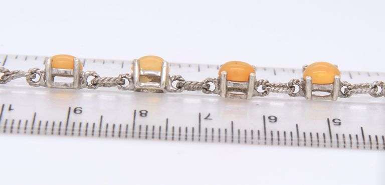 925 Sterling Silver Orange Cabochon Opal Link Bracelet