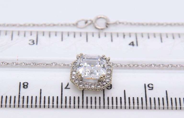 Fabulous White Gold Asscher Cut CZ Halo Necklace