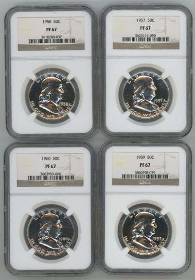 4 Diff. NGC PF67 Franklin Half Dollars: 1957, 58, 59, & 1960.