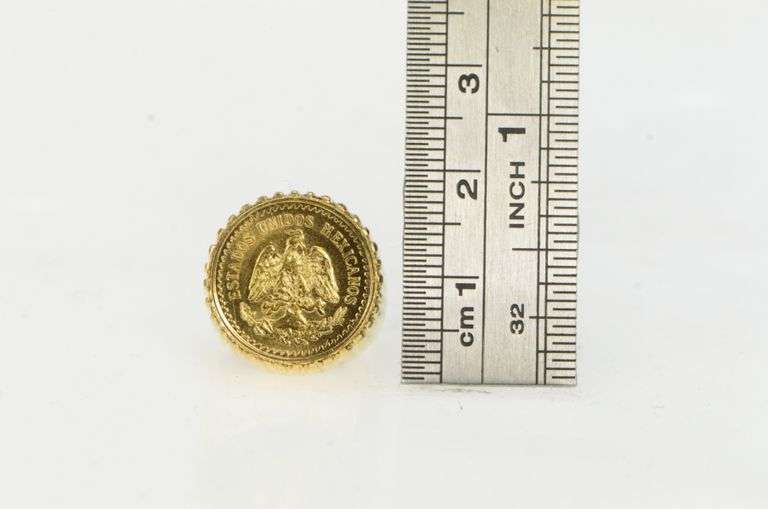 14K Yellow Gold $2.50 Pesos Mexican Gold Coin Retro Grooved Ring