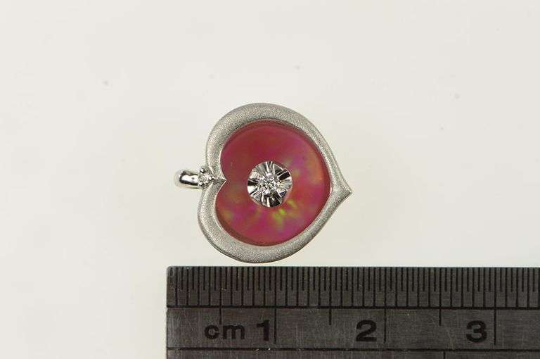 14K White Gold Retro Pink Sim. Opal Diamond Curved Heart Pendant