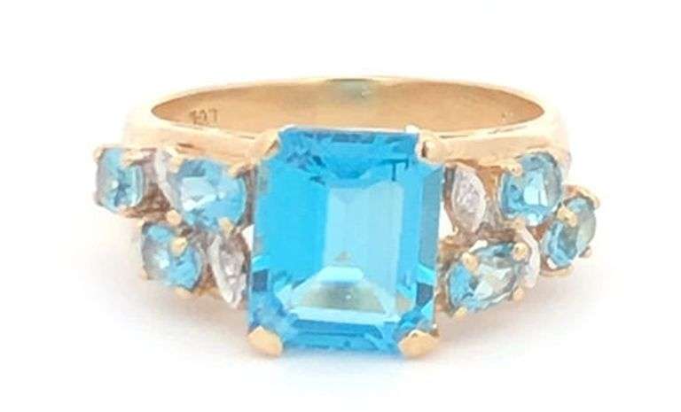 10K Yellow Gold Emerald Cut Blue Topaz Diamond Statement Ring