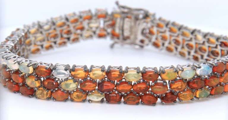 Vintage 925 Sterling Silver Signed 3 Row Opal Bracelet