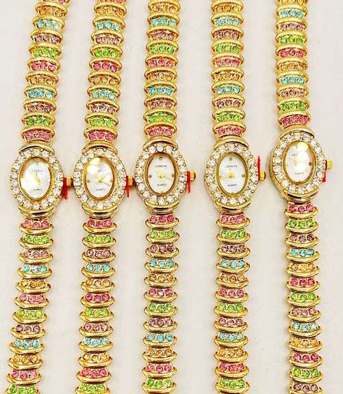GROUP LOT OF 5x MATCHING 14KT YELLOW GOLD PLATED GENEVA WATCHES WITH GEMSTONES.