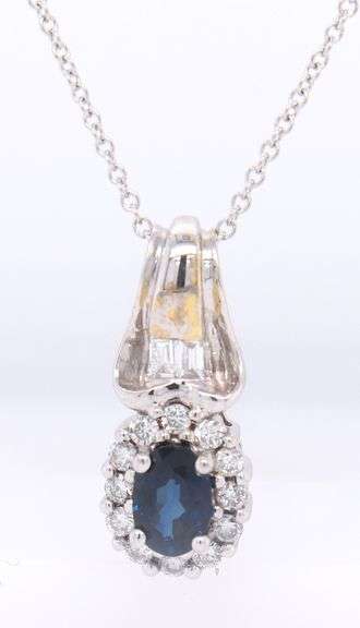 Charming White Gold Blue Sapphire and Diamond Pendant on Chain