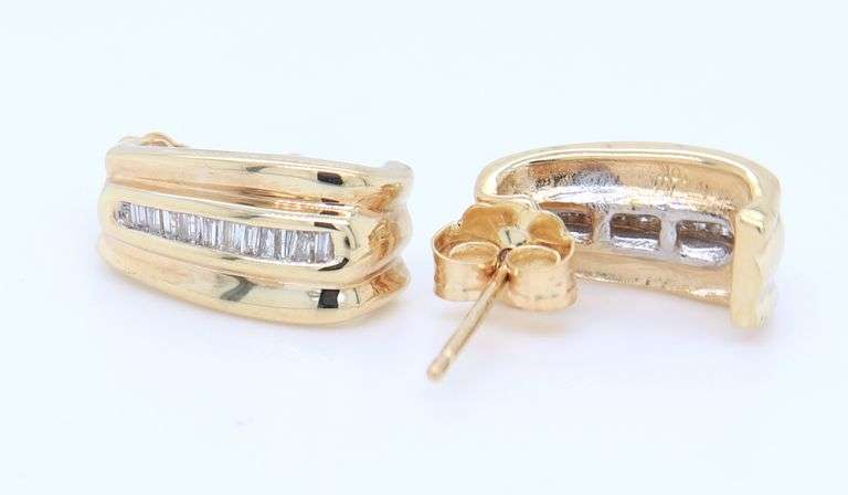 Sparkling Yellow Gold Baguette Diamond Accent J Hoops