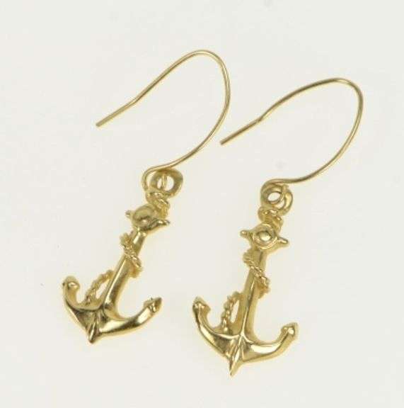 14K Yellow Gold 3D Anchor Nautical Hope Faith Symbol Dangle Earrings