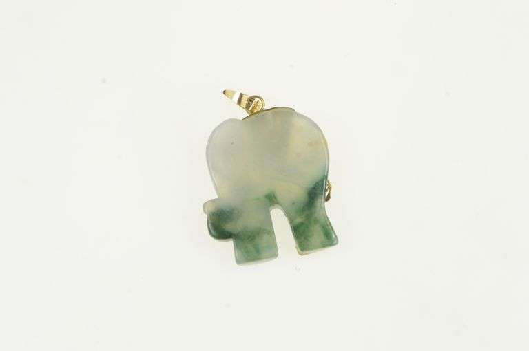 14K Yellow Gold Ornate Jade Carved Chinese Elephant Pendant